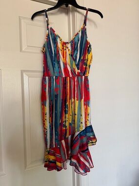 Colorful sleeveless sundress watercolor brushstroke print neck, & ruffled hem MD